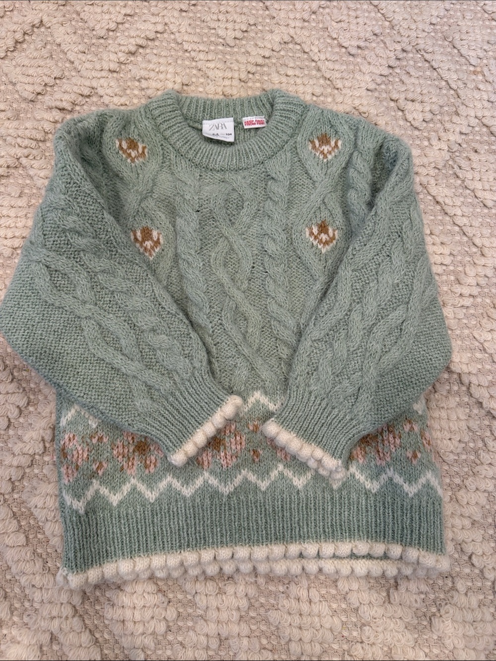 Zara Mint Green Cable Knit Fair Isle Crewneck Sweater